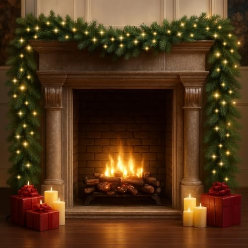 Kidken 5 m/16 ft Weihnachtsgirlande mit 100 Lichtern, Weihnachtsgirlande für Kamin und Treppen, künstlicher Kranz mit 100 LED-Lichtern für Weihnachtsbaum, Haustür und Weihnachtsdekoration(16 FT/5M)