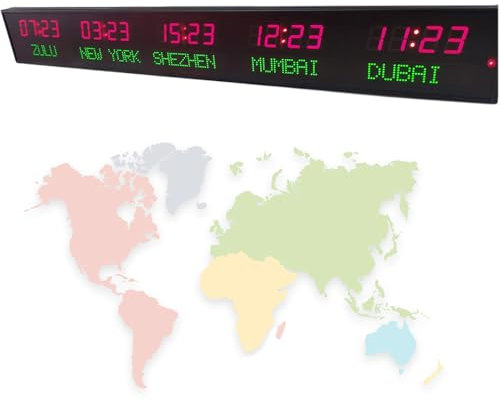Horloge mondiale avec 5 fuseaux horaires, grand écran LED, double mode, luminosité réglable, idéale pour les aéroports, hôtels, entreprises internationales