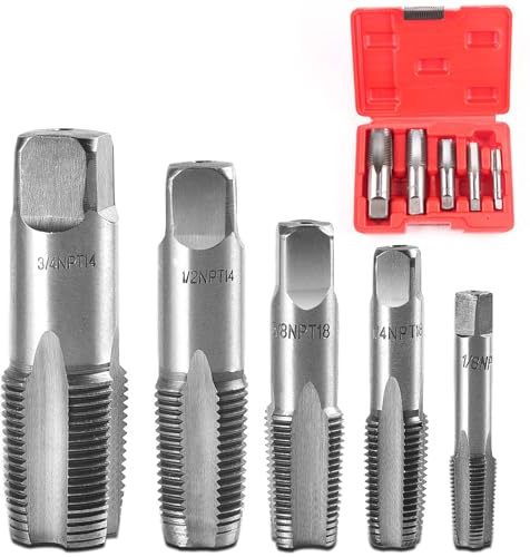 Infreecs Juego de machos de roscar NPT de 5 piezas, juego de machos de roscar NPT para tubos de 1/8 pulgadas, 1/4 pulgadas, 3/8 pulgadas, 1/2 pulgadas, 3/4 pulgadas y 3/4 pulgadas, juego de machos de