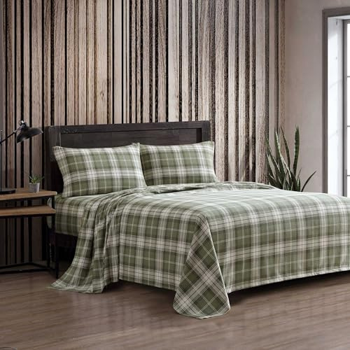 Eddie Bauer - King Bed Sheets, Cotton Flannel Bedding Set with Matching Pillowcases, Brushed for Extra Softness, Deep Pocket, Oeko-Tex Certified (Heartland Plaid Green)