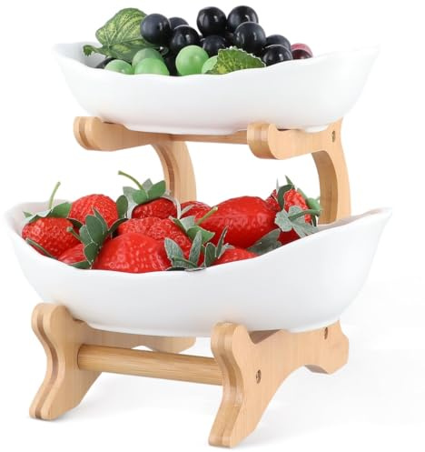 Frutero de cerámica blanco de 2 niveles con soporte de bambú, cuencos ovalados de cerámica para decoración de cocina y fiesta