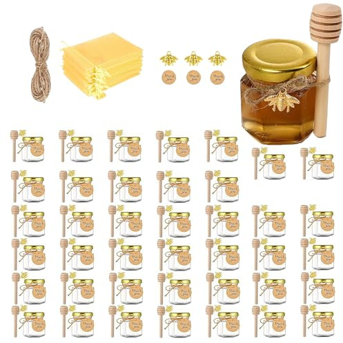 ZhouZGlass 40 Pack Mini Honey Jars, 1.5 oz Small Hexagon Glass Honey Jar with Wood Dipper, Gold Lid, Bee Pendants, Tags, Jute Twine, Gift Bags