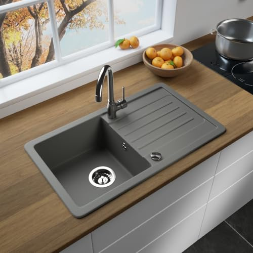 LINDBERGH® Granit Spüle + kompl. Siphon und Imprägnierung mit Abtropffläche, Einbauspüle Küchenspüle Spülbecken - Verbundstoffe MADE IN GERMANY (VEL33-760 x 440 mm (Grau))