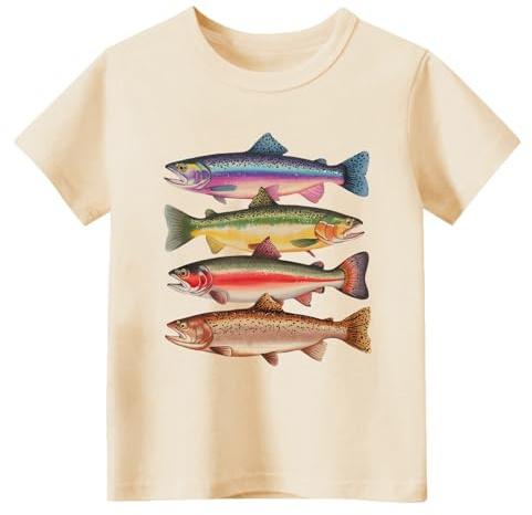 Chipeler Toddler Short Sleeve Shirts Boys Girls Abstract Colourful Trout Printed Tops Fishing with Daddy Tee Beige 5T