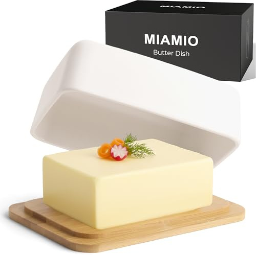 MIAMIO - Caja para Mantequilla con Tapa para Encimera (620 ml) Caja de Mantequilla de Cerámica / Contenedor para Mantequilla con Tapa de Bambú, Caja de Mantequilla para Refrigerador (Blanco)