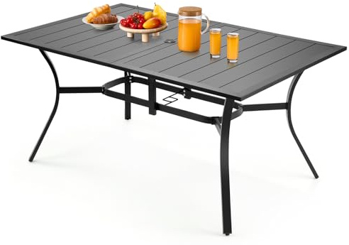 VEVOR Table à manger pour patio extérieur 1500 mm, table de bistrot rectangulaire en acier et métal, pour 4-6 personnes, trou pour parasol 38 mm, grand meuble toutes saisons pour jardin, véranda, noir