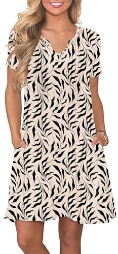 PLOKNRD Femme D'été Robe à Manches Courtes Col en V Décontractées et Plissées T Shirt Robe avec Poches Chic et Elegant(Feuilles Abricot NW,S)