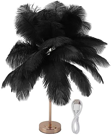 Culnflun Feather Tripod Table Lamp, Iron Base Decorative Table Lamp 30PCS Feathers USB Rechargeable Light Touch Control Desk Light Built in Battery for Bedroom Living Room Study (Black)