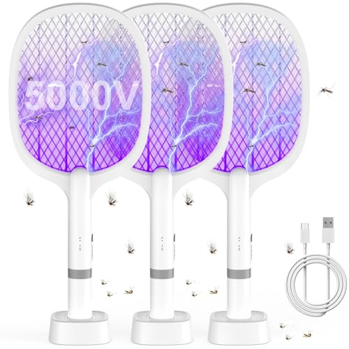 5000V Lot de 2 tapettes à Mouches électriques, Raquette Electrique Insectes 5000V, 1800 mAh Raquette Moustique Electrique Raquette Anti Moustique Electrique UV Exterminator avec Base de Recharge