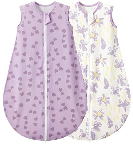 Duomiaomiao 2er Pack Baby Schlafsack,0.5 Tog Ganzjahres Jungen Schlafsack, Leichter hochwertiger Baumwoll-Mädchen Schlafsack, geeignet für Kinder im Alter Von 6 Monaten bis 5 Jahren(lila Herz/L)