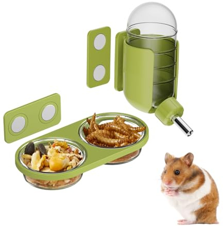 Magnetic Hamsters Feeding Set Freestanding Water Bottle Food Bowl for Glass Tanks, Suitable for Syrian Dwarf Hamsters Gerbils Mice Rats Degus (Green, Magnetic-Mounted)