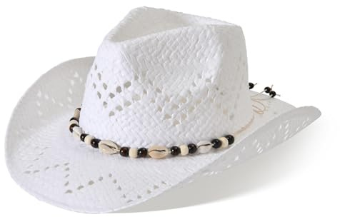 Willheoy Cowboyhut Strohhut Damen Herren Sonnenhut Sommer Strandhut Westernhut Panama Hut Unisex Cowboy Hut Faltbar Strohhut Krempe Sommerhut (Weiß 2#)