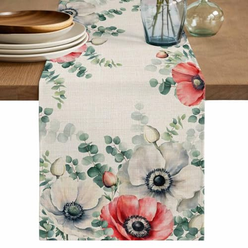Eucalyptus Leaves Opium Poppy Table Runner 48 Inches Long Spring Flower Plants Linen Texture Coffee Table Runner Retro Rustic Style Kitchen Dining Table Decor for Indoor Outdoor Home 13 x 48 Inch