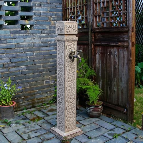 Hltdzer Colonna D’Acqua Quadrata in Pietra per Esterno con Doppio Rubinetto, Verticale Quadrato Autoportante per Facilitare Il Giardinaggio, L'irrig(Gray-B,94CM/37IN)