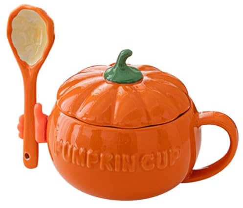 MAGICLULU Juego de Taza de Cerámica con Forma de Calabaza Naranja, con Tapa y Cuchara, Resistente para Oficina y Uso Diario