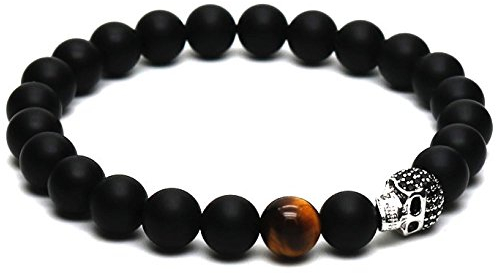 Lion & Son Totenkopf-Armband - Skull Schädel Herren-Perlenband Schwarz Biker Rocker Tigerauge Perlen, Länge:22 cm