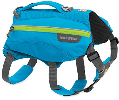 RUFFWEAR Trinkrucksack für Hunde, Inklusive 2 x 600 ml Wasserflasche, Kleine Hunderassen, Größenverstellbar, Größe: S, Blau (Blue Dusk), Singletrak Pack
