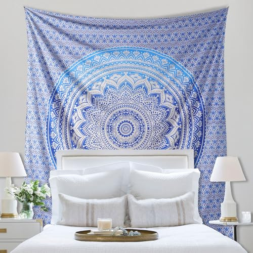 THE ART BOX Indie Wandteppich Baumwolle Mandala Wandbehang Deko Teppich Aesthetic Room Decor Dekoration Wandtuch/Strandtuch Wohnzimmer Indische Tücher Schlafzimmer, Blau und Weiß,135x210 Cm
