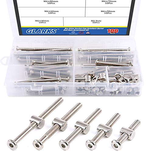 Glarks - Kit de 100 tuercas de tornillo para muebles, cunas, camas de bebé, cuna, baberos, sillas, chapado en níquel, M6 x 40 mm/50 mm/60 mm/70 mm/80 mm