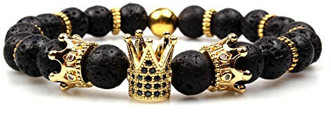 GVUSMIL Imperial Crown Bead Bracelet King&Queen Luxury Charm Couple Jewelry for Women Men (Black Lava Rock)