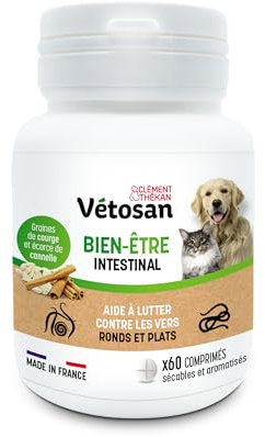 Clément Thékan Vétosan Bien-être Intestinal « Spécial Anti-vers » - Matières Premières 100 % D’Origine Végétale Et Minérale pour Chien Et Chat – 60 Comprimés Sécables Aromatisés