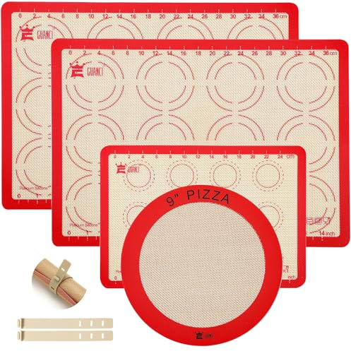 Silicone Baking Mat Set of 4, GUANCI Grade Food Baking mats Non-Stick Reusable Pizza Bakeware Mat for Making Macaroon, Pizza, Cookie, Pastry, Bread, Bun(Red)
