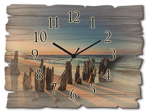 ARTLAND Wanddeko Wanduhr ohne Tickgeräusche aus Holz Funk Uhr lautlos 40x30 cm Rechteckig Strand Meer Ostsee Sonnenuntergang Küste Maritim U1UI