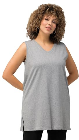Ulla popken damtopp, V-hals, avslappnad, ärmlös, bomull t-shirt, Ljusgrå lång, 54-56