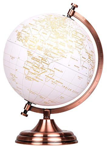 TOPGLOBE Globus mit Metallbogen, 20 cm, goldfarben und weiß, für Schule, Zuhause, Büro (Englisch) | Metallbogen und Sockel - für Schule, Zuhause, Büro