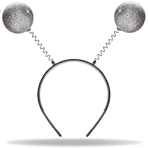 Hatstar Diadema Alien de plata, accesorio de disfraz con 2 bolas de purpurina oscilante para carnaval, tiara con pompón, sonda para carnaval, para mujer, hombre, niños