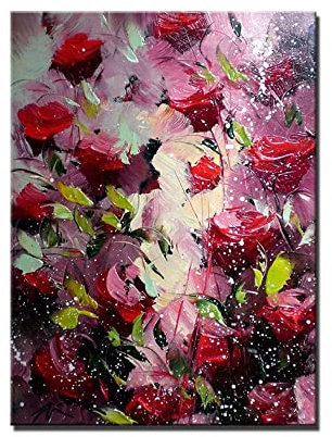 JIAREN Ölbilder Auf Leinwand Handgemalt,Große Abstrakte Rote Textur Rose Blume Blätter Messer Malerei Leinwand Wandkunst Moderne 100% Handgemalte Ölgemälde Auf Leinwand Kunstwerke Für Wohnzimmer SCHL