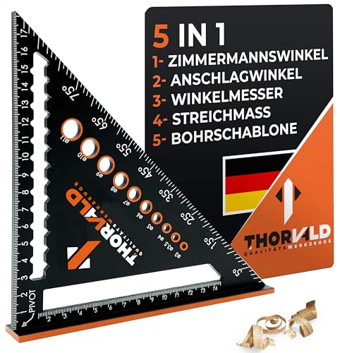 THORVALD Zimmermannswinkel 5-in-1 - Winkelmesser Anschlagwinkel - Aluminiumwinkel mit 180 mm Schenkellänge zum präzisen Anreißen & Zeichnen/Multifunktional Perfekt um Zeit zu sparen