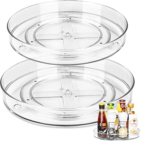 Kühlschrank Drehteller, 2 Stück Lazy Susan Drehteller Kühlschrank Organizer, Durchsichtig Drehteller für den Küchenschrank, 360 Grad Küche Drehbarer Gewürzhalter Schrank Organizer (Groß + Klein)