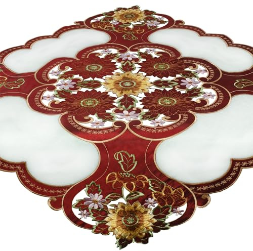 Hossner Tischdecke 85x85 Sonnenblume Mitteldecke Bestickt Decke Bordeaux Stickerei Quadratisch Stoff Organdy Geblümt 100% Polyester