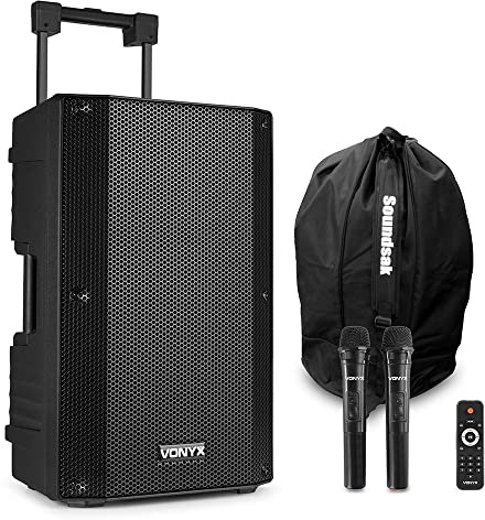 VONYX VSA500 12 Portable PA Speaker System with Wireless Microphones, Rechargeable Battery, Bluetooth, USB & SD Playback + Soundsak Carry Bag – 800W