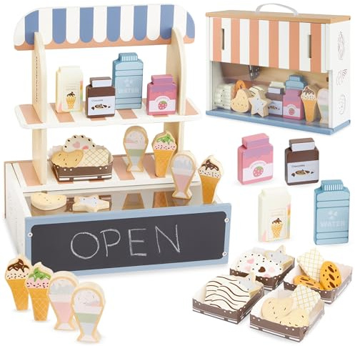 Mamabrum Magasin en Bois pour Enfants, Pliable, café pour Enfants et pâtisserie avec Accessoires Inclus (crème glacée, Biscuits, gobelets à Glace, etc.), Jeu de rôle pour Tout-Petit à partir de 3 Ans