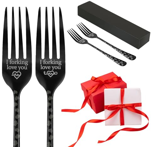 EDATOFLY 2 Stücke Gabel mit Gravur-I forking love you, Edelstahl Gabel mit Geschenkbox Weihnachtsgeschenke Hochzeitstag Geschenk für Sie/Ihn (Schwarz)