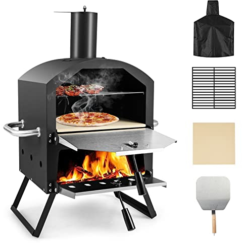 GYMAX Forno per Pizza, 2 Strati, Pietra per Pizza con Copertura Impermeabile Gambe Pieghevoli, Forno Pizza Portatile in Acciaio Inox per Campeggio Picnic