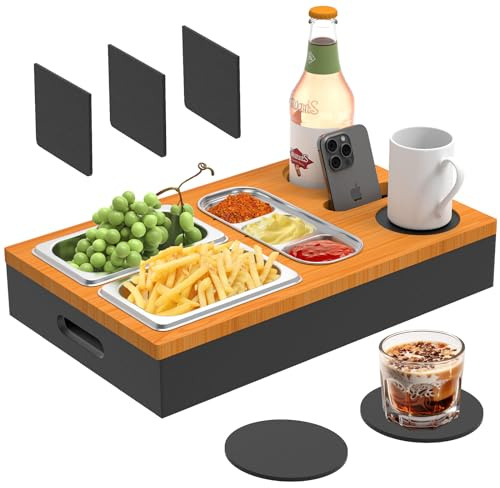 ALTORICO Couchbar, Couchbutler mit Snackschalen aus Lebensmittelechtem Edelstahl, Couch Bar aus Holz mit Fach, Sofaorganizer mit Getränkehalter, Sofatablett Couchorganizer, Holzfarbe & Schwarz