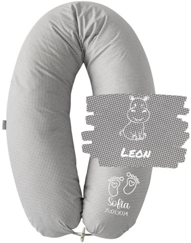 sei Design Stillkissen XXL - personalisiert mit Namen und Geburtsdatum personalisierte Geschenke Baby Junge Mädchen Schwangerschaftskissen 190cm grau groß Polkadots