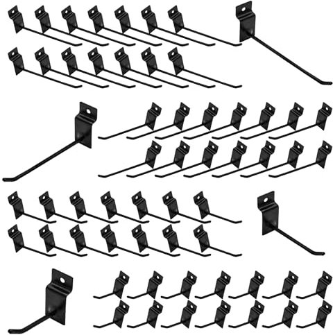 Waltool Assortiment de 60 crochets noirs de 6,1 cm, 15,2 cm, 15,2 cm, 20,3 cm, lattes en métal, crochets de suspension muraux, organisateur de panneaux perforés pour grille, garage, magasin, vente au