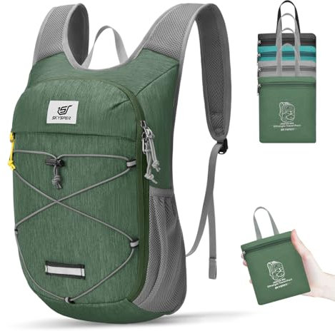 SKYSPER Lätt vikbar ryggsäck, 10 L, vandringsryggsäck, liten ryggsäck för män, kvinnor, för resor, fritid, cykelsport, Färg: grön, S