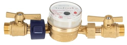 Einstrahlzähler ETK Kombi-Set (Warmwasser) bis 90 Grad Länge 110 mm, inkl. Kugelhähne MS blank 3/4 Zoll AG, Plombierschelle