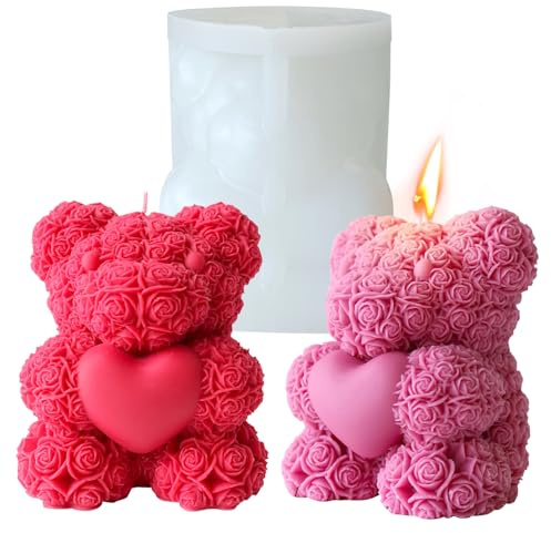 Midnadiy 3D silicone ours moule, rose ours bougie moule, silicone ours fleur bougie moule, moule de fonderie, maison savon bougie moule, cadeau de Saint Valentin, cadeau d'anniversaire (Petite)