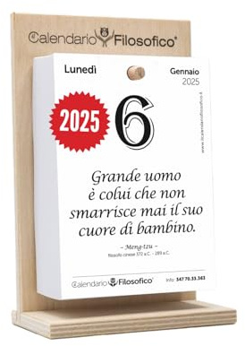 Il Calendario Filosofico 2025 avec support en bois, format A6 10 x 14 cm, le premier et l'original calendrier de table avec 365 jours de phrases philosophiques, lire chaque jour une phrase, créé à