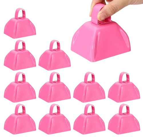 PATIKIL 12pcs Cow Bells for Football Games, 3inch Cowbells for Sporting Events Bulk Loud Noise Makers Metal Cow Bell with Handle for Cheering Wedding,Pink