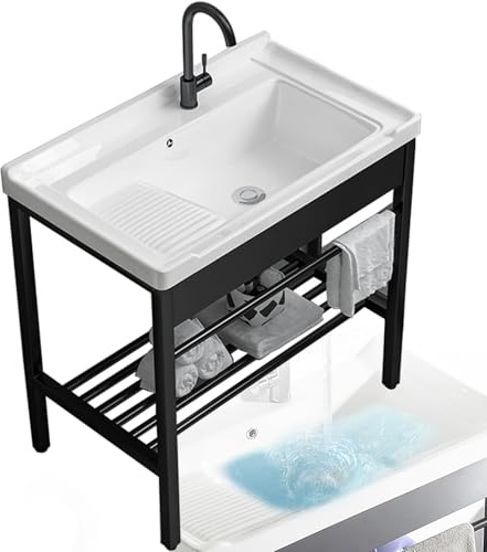 guoyjmm Évier Utilitaire Autonome en Céramique, Évier de Buanderie, Ensemble de Meuble-lavabo de Salle de Bain à évier Simple Moderne, avec Robinet et Accessoires, Étagère en Acier Inoxy,71×48×83cm