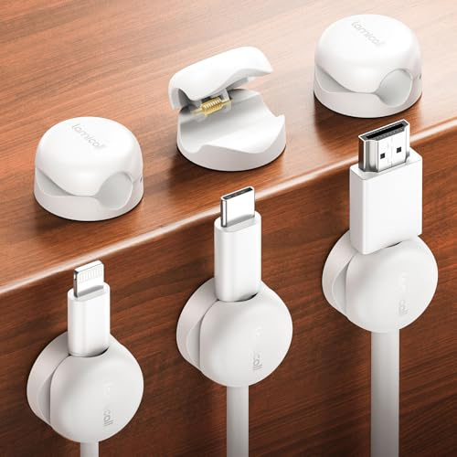 Lamicall [Lot de 6] Clip Câble à Ressort - [Super Mini] Clip de Câble Autocollant sans Résidus, Organisateur de Câble pour TV, PC, USB, HDMI, Câble Ethernet, Audio, Maison, Bureau (8mm) - Blanc
