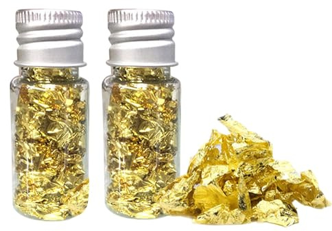 2 Bottles Edible Gold Leaf Flakes, Food Decorative Gold Leaf, Multifunction Foil Gold Paper DIY Craft Gold Leaf Home Restaurant Decor Gold Foil for Cake Chocolate Decoration
