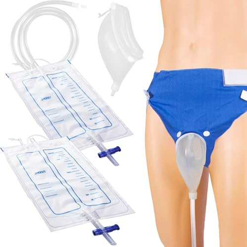 Kit de recolección de orina portátil con 2 bolsas de silicona (1000 ml y 2000 ml), tubo de 1,2 m y pantalones ajustables de ajuste cómodo para hombres mayores, azul